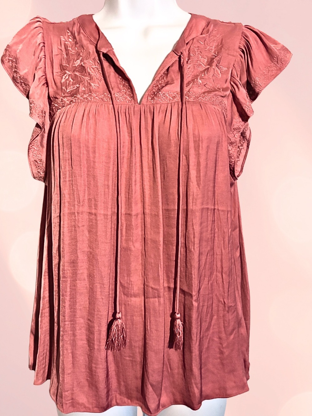 BOHO ROMANTIC Peasant Blouse Pink Floral Embroidery Tassels Cap Sleeves SZ Small